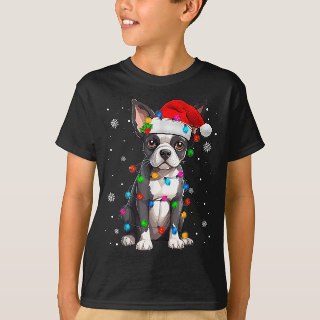 T-shirt Boston Terrier Christmas Santa Hat Tree Lights Paj (Devant)