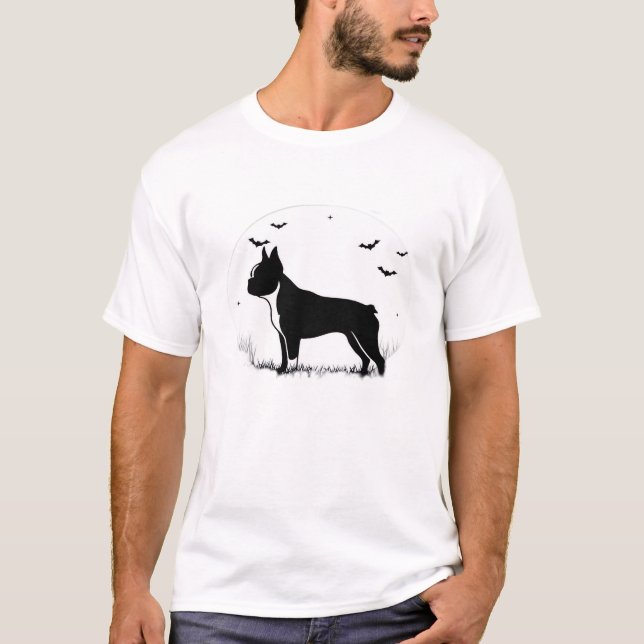 T-shirt Boston Terrier Dog � Halloween Moon Silhouette Ove (Devant)