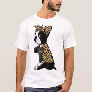 T-shirt Boston Terrier Lover I Love Maman Tattoo Leopard M
