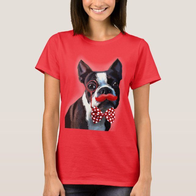 T-shirt Boston Terrier Portrait avec Cravate Red Bow et 2 (Devant)