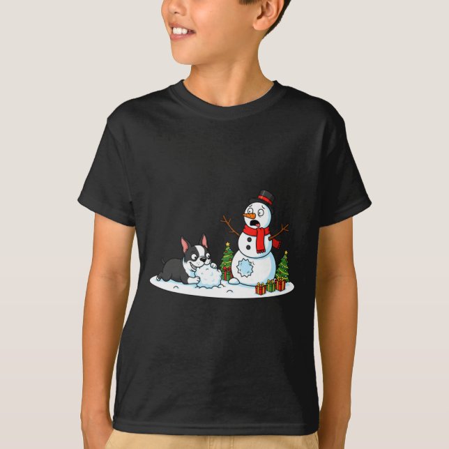 T-shirt Boston Terrier Snowman Christmas Tree Xmas Womens  (Devant)