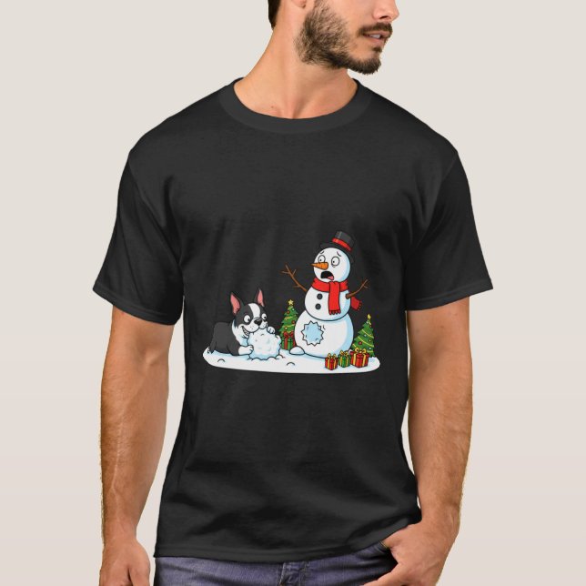 T-shirt Boston Terrier Snowman Christmas Tree Xmas Womens  (Devant)