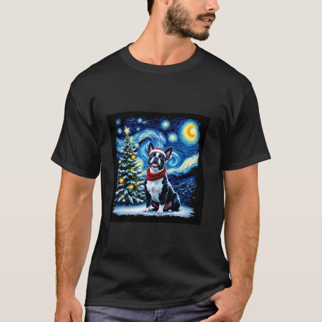 T-shirt Boston Terrier Starry Night Christmas Van Gogh Dog (Devant)