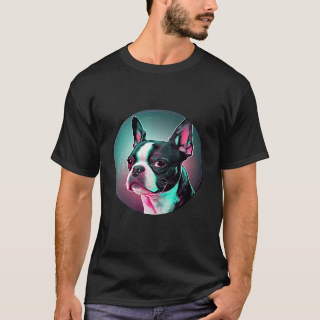 T-shirt Boston Terrier Synthwave 80s Retrowave Aesthetic (Devant)