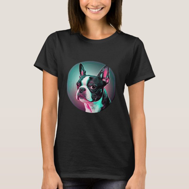 T-shirt Boston Terrier Synthwave 80s Retrowave Aesthetic (Devant)
