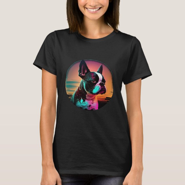 T-shirt Boston Terrier Synthwave 80s Retrowave Aesthetic   (Devant)