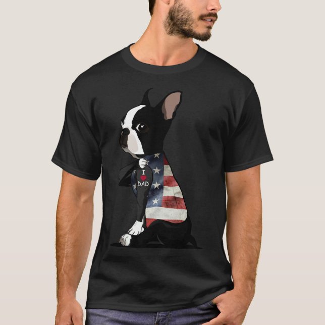 T-shirt Boston Terrier Tattoos I Love Papa Fête des pères (Devant)