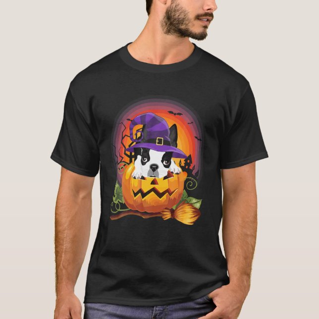 T-shirt Boston Terrier Witch Citrouille Halloween Amoureux (Devant)