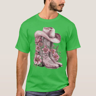 T-shirt Bottes florales de cowgirl à l'aquarelle Chapeau B