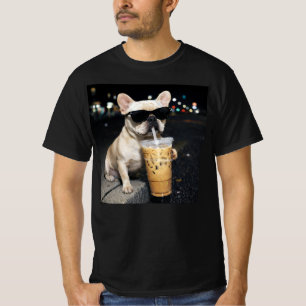 T-shirt Bouledogue Français Buvant du Café Glacé Humour