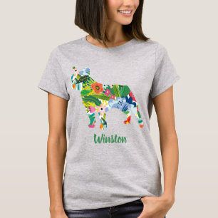 T-shirt Bouledogue français silhouette de fleurs avec nom