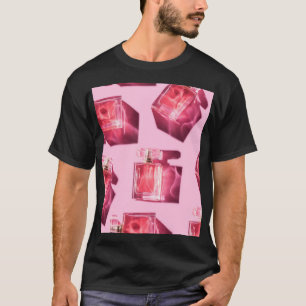T-shirt Bouteilles de parfum, arrière - plan rose, plat