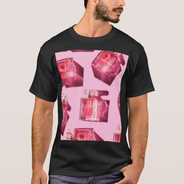 T-shirt Bouteilles de parfum, arrière - plan rose, plat (Devant)
