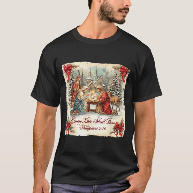 T-shirt Bow Santa Christmas Nativity Scene Every Knee Shal (Devant)