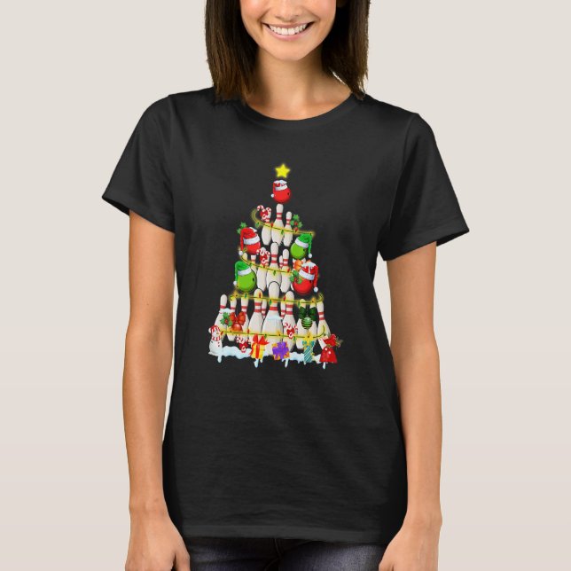 T-shirt Bowling Christmas Tree  Bowling Player Xmas Light  (Devant)