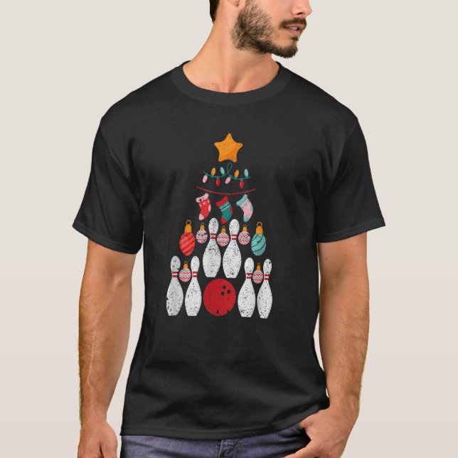 T-shirt Bowling Player Christmas Tree Lights Xmas Ball Bow (Devant)