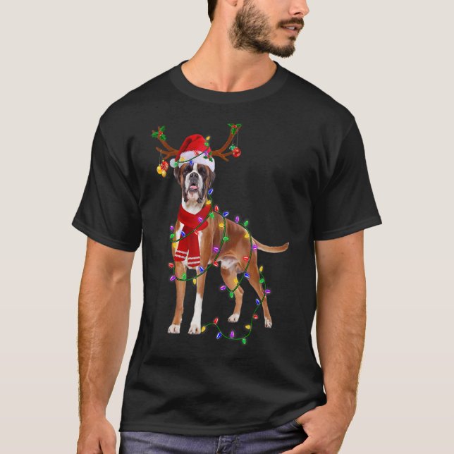 T-shirt Boxe Chien Arbre Lumières Noël Jeu de Noël Pyjama  (Devant)