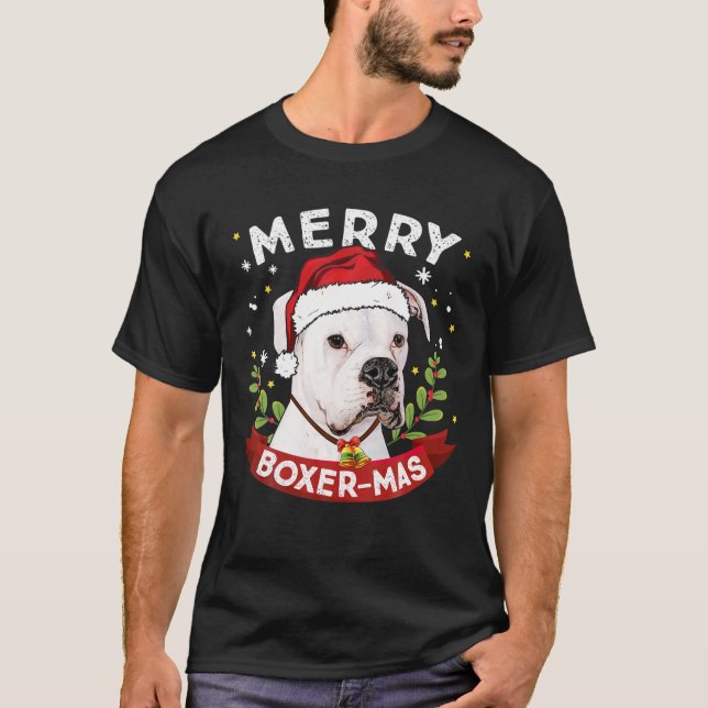 T-shirt Boxer Blanc Chien Père Noël Garçons de Noël Filles (Devant)