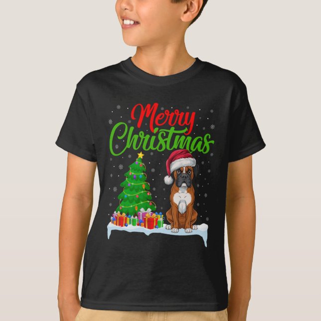 T-shirt Boxer Chien Feux de Noël Lumières Drôle Xmas Boxe  (Devant)