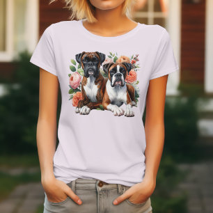 T-shirt Boxer Dog Duo Parmi Les Fleurs