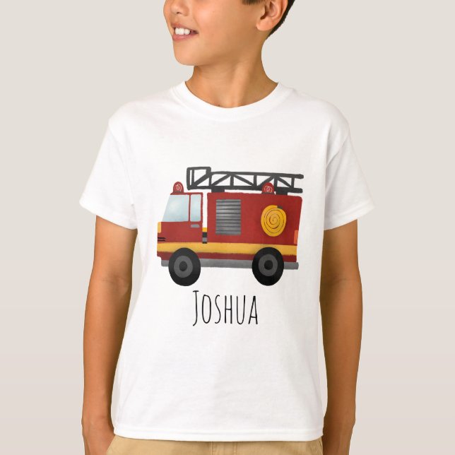 T-shirt Boys Cute Pompier Moteur Camion et Nom (Devant)
