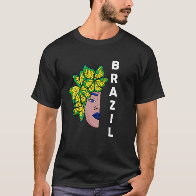 T-shirt Brazil Brazilian Flag Half Face Butterfly Brazilia (Devant)