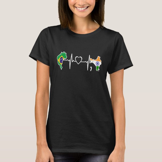 T-shirt Brazil India Flag Brazilian Indian Heartbeat (Devant)