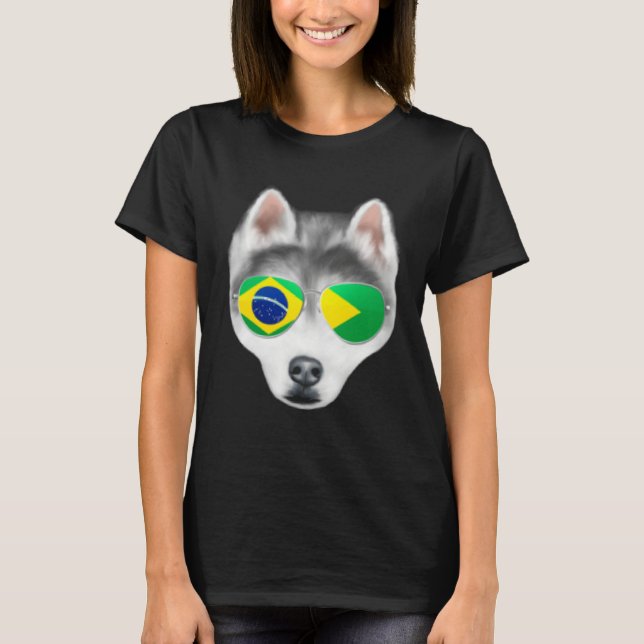 T-shirt Brazilian Flag Siberian Husky Dog Brazil Pocket (Devant)