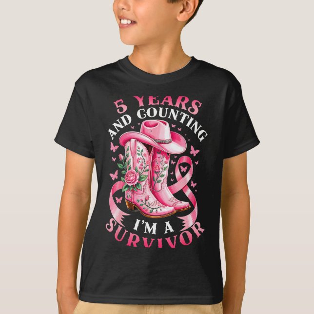 T-shirt Breast Cancer 5 Years Survivor Nk Ribbon Cowgirl G (Devant)
