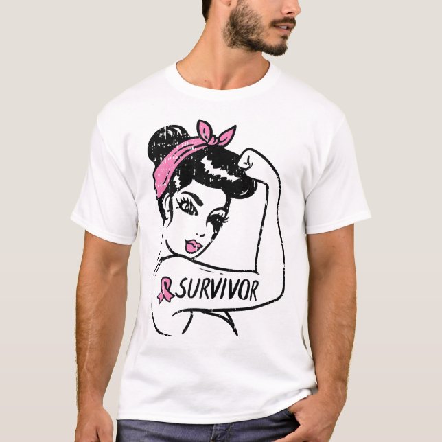 T-shirt Breast Cancer Survivor Rosie Riveter Pink Awarenes (Devant)