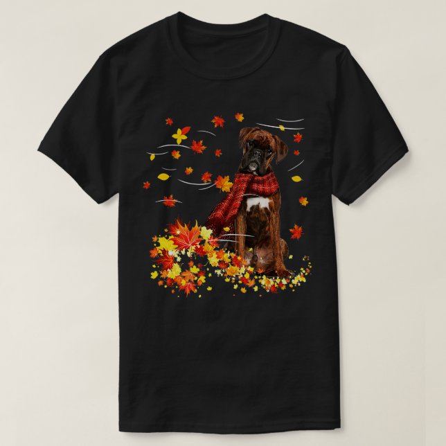T-shirt Brindle Boxer Fall Red Scarf Autumn Leaf Cadeau po (Design devant)