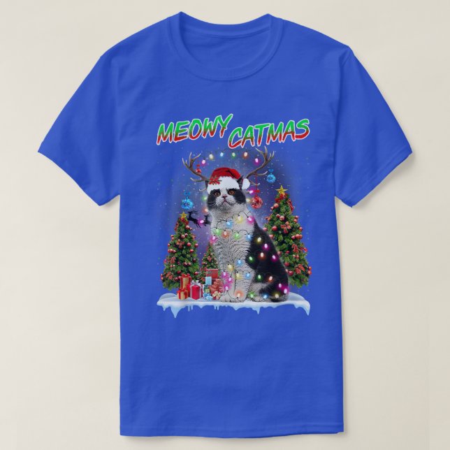 T-shirt British Shorthair Cat Xmas Feux d'arbre Santa Hat  (Design devant)