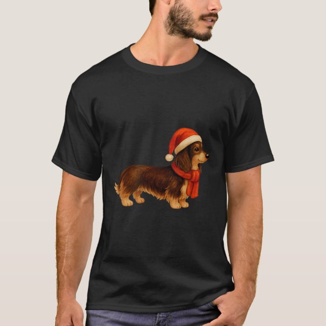 T-shirt Brown And Tan Christmas Dachshund Santa Hat  (Devant)