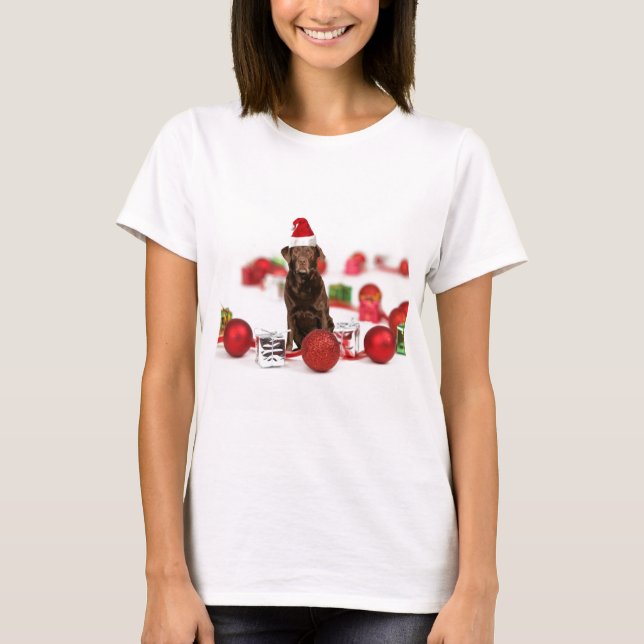 T-shirt Brown Labrador Chien Noël w Cadeaux Santa Hat (Devant)