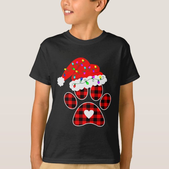 T-shirt Buffalo Plaid Christmas Paw Dog With Santa Hat &am (Devant)