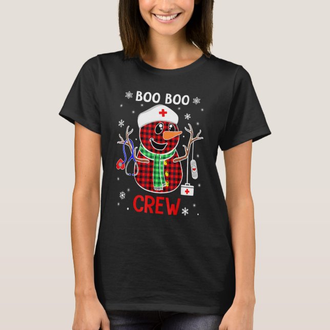 T-shirt Buffalo Plaid Snowman Nurse Boo Boo Crew Christmas (Devant)