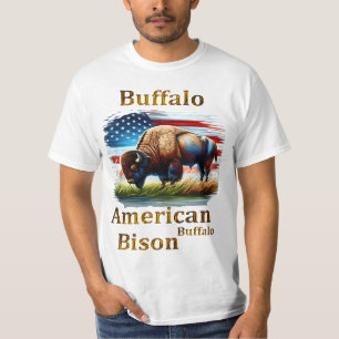 T-shirt Buffle debout dans le champ d'herbe avec drapeau a