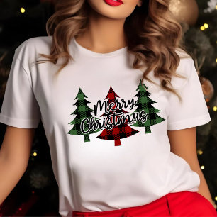 T-shirt Buffle rouge et vert Plaid Joyeux arbres de Noël