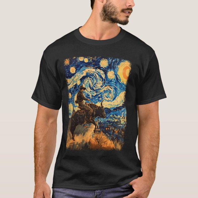 T-shirt Bull Rider Bull Riding Cowboy Starry Night Paintin (Devant)