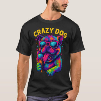 T-shirt Bulldog Chaotique avec Lunettes et Cône de Glace