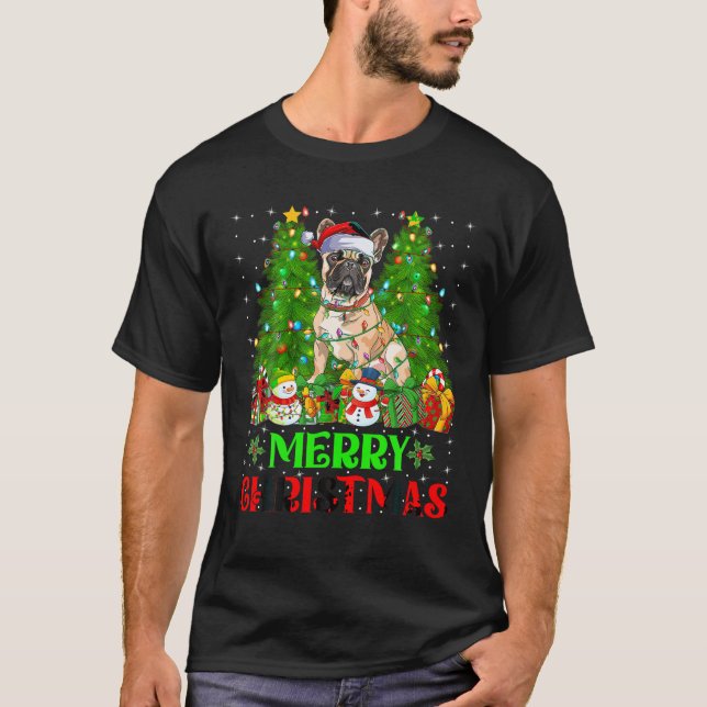 T-shirt Bulldog Christmas Tree Lights Chien vacances Père  (Devant)