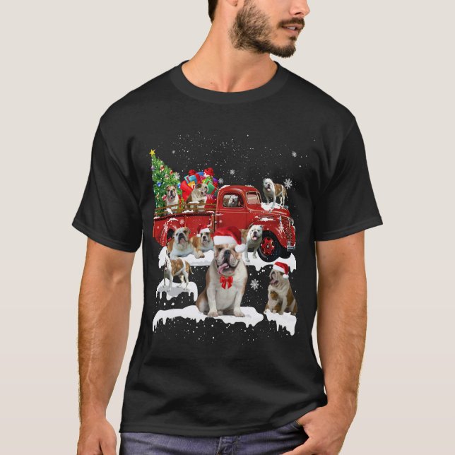 T-shirt Bulldog équitation Camion Rouge Joyeux Noël Noël X (Devant)
