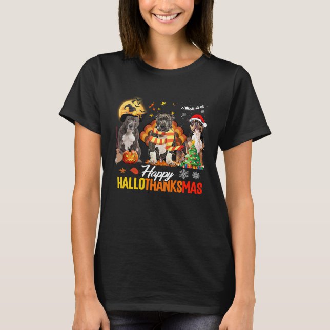 T-shirt Bully Dog Happy Hallothanksmas Halloween Thanksgiv (Devant)