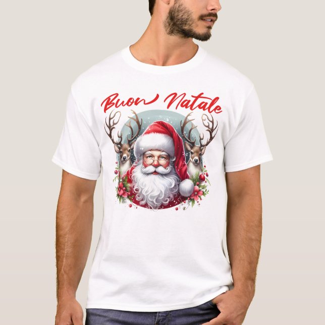 T-shirt Buon Natale Père Noël avec rennes (Devant)