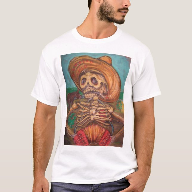 T-shirt burro de l'accordéon y d'escroquerie de skeleto (Devant)