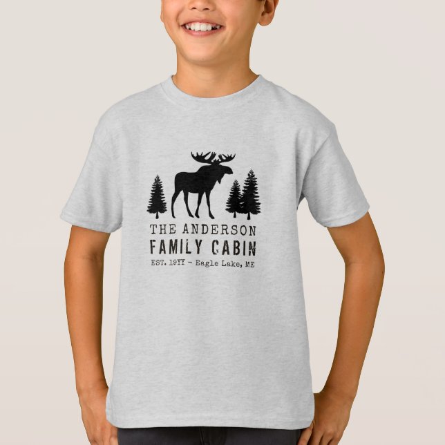 T-shirt Cabine de famille Silhouette de pin d'orignal rust (Devant)
