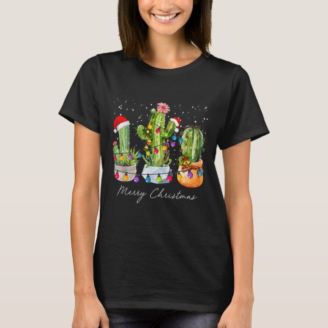 T-shirt Cactus Christmas Xmas Trees Lights Santa Hat Cactu (Devant)