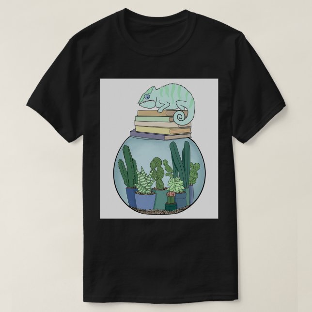 T-shirt Cactus dans un aquarium où se trouvent des livres. (Design devant)