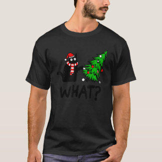 T-shirt Cadeau de chat noir poussant l'arbre de Noël sur c