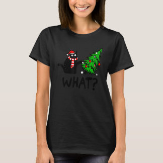 T-shirt Cadeau de chat noir poussant l'arbre de Noël sur c